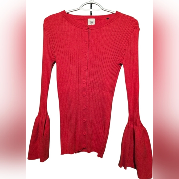 CAbi Trumpet Red Bell Sleeve Cardigan EUC Small PTP 19 - 24 Length - Picture 2 of 5